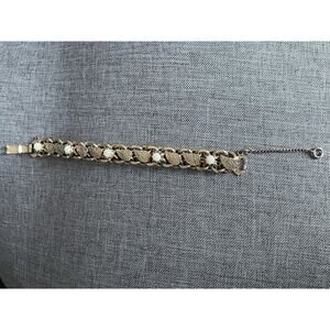 Vintage Faux Pearl Chunky Link Bracelet Leaf Gold Tone Bar Clasp Safety Chain 7”